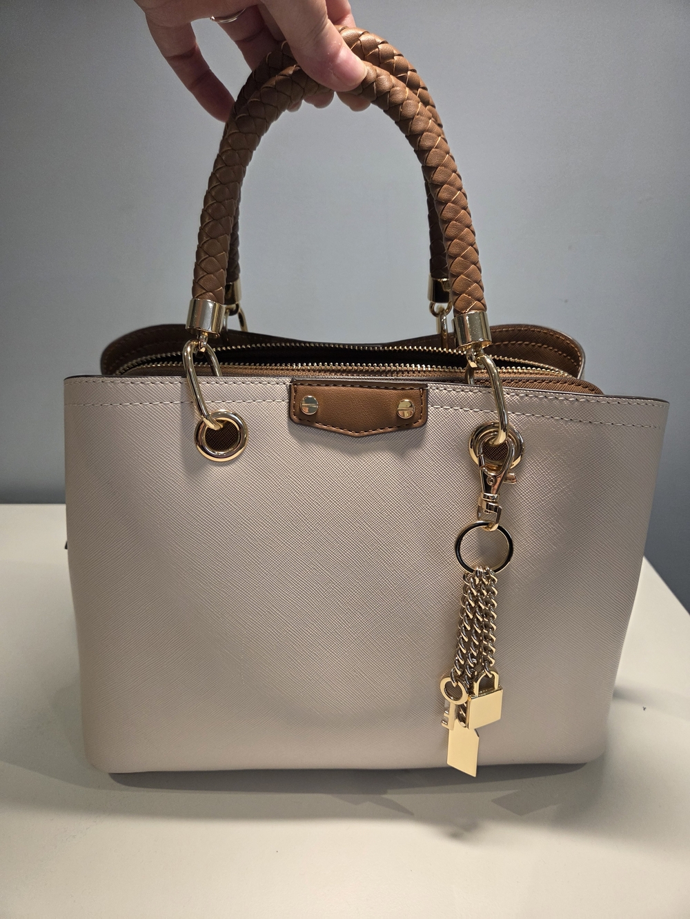 Structured Satchel Aldo Handbag in Pale Pink with Tan Braided Handles